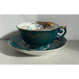 Trimont China Hand Painted Teacup Saucer Set Green floral Made in Occupied Japan