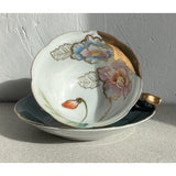 Trimont China Hand Painted Teacup Saucer Set Green floral Made in Occupied Japan
