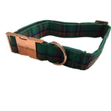 Unique Style Paws Cotton Dog Collar with Bow Green Tartan Plaid Large Rose Gold