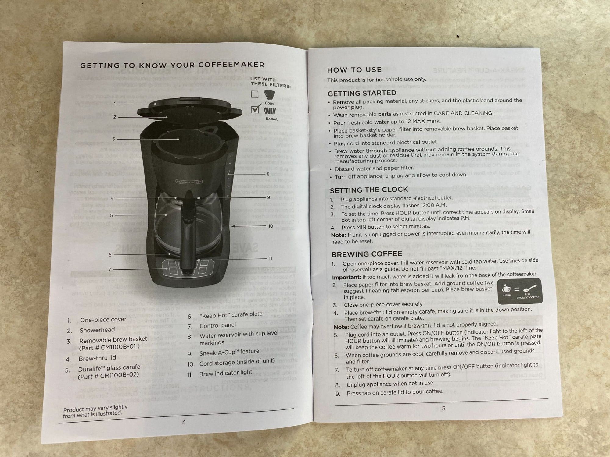 Black And Decker Model CM1105BC 12 cup Coffee Maker Instructions