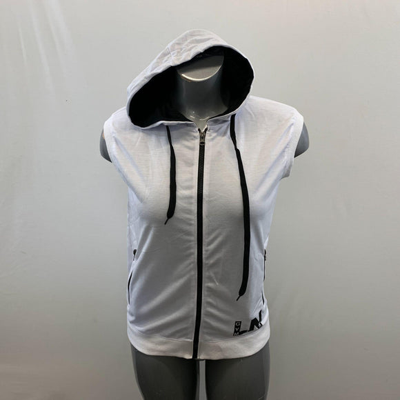 Zacard woen's White Sleeveless Workout Sweatshirt with Full Zipper and Hood Size Large Cotton Blend