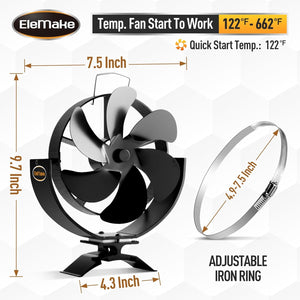 Elemake 60° Adjustable Wood Stove Fan Heat Powered 6-Blade Non Electric