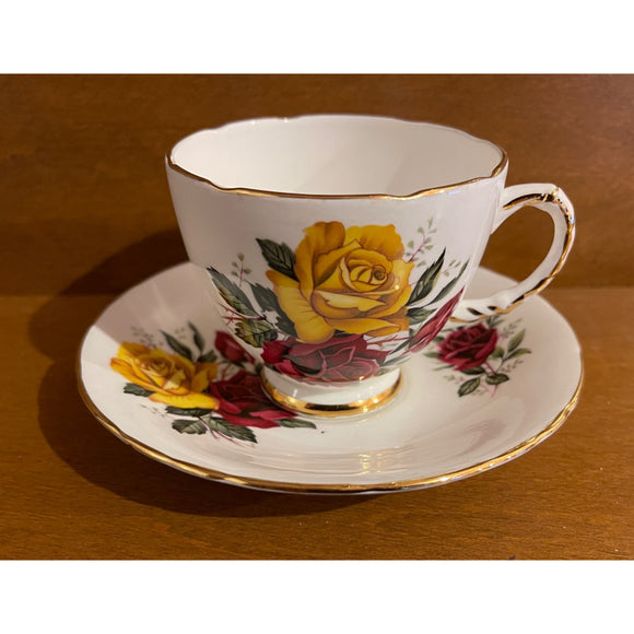 Royal Trent Fine Bone China England Vintage Teacup Saucer Set Red Yellow Roses