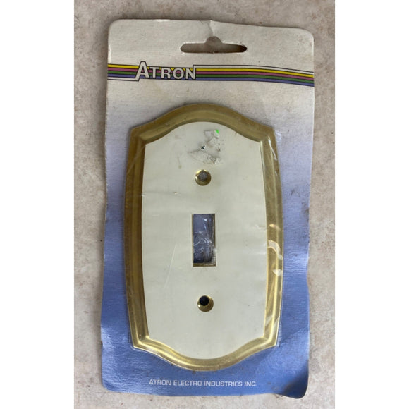 VTG Atron Elrctro Ind. White With Gold Trim Light Toggle Switch Cover Plate NOS