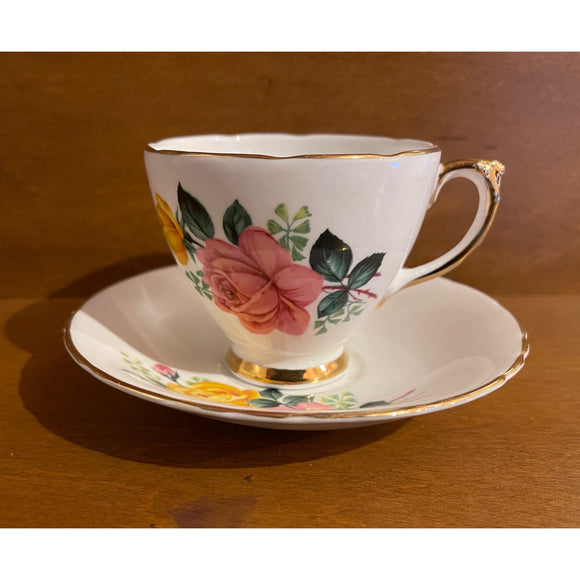 Royal Trent Fine Bone China England Vintage Teacup Saucer Set Pink Yellow Roses