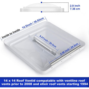 RV Roof Vent Cover - 14" Universal Replacement Vent Lid White Plastic w/Hinge