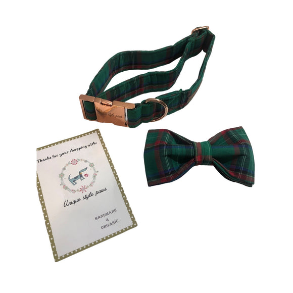 Unique Style Paws Cotton Dog Collar with Bow Green Tartan Plaid Large Rose Gold