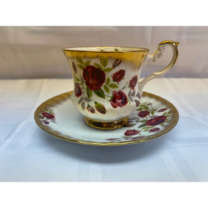 Queens Rosina Fine Bone China Teacup and Saucer Set Heavy Gold Red Roses