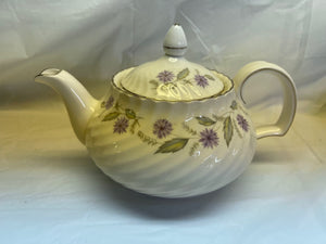 Royal Adderley Charmaine Teapot purple green floral 7" diameter Silver Gilding