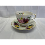 Queen Anne Teacup Saucer Set Vintage Bone China England Deep Red Yellow floral