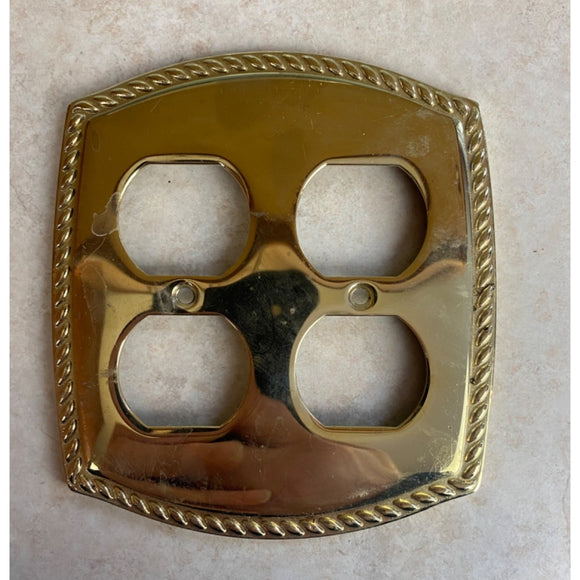 Vintage Solid Brass Double Outlet Sockets Cover Plate Rope Pattern Border USED