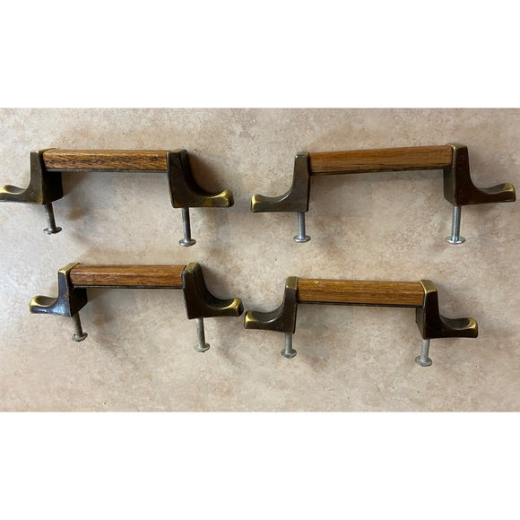 4 Vintage Amerock Brass Look With Wood Handle Door/Drawer Pulls USED