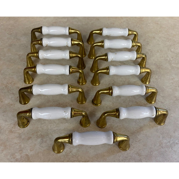 VTG Brass With White Ceramic Cabinet Door Handles USED Lot Of 13