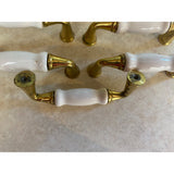 VTG Brass With White Ceramic Cabinet Door Handles USED Lot Of 13