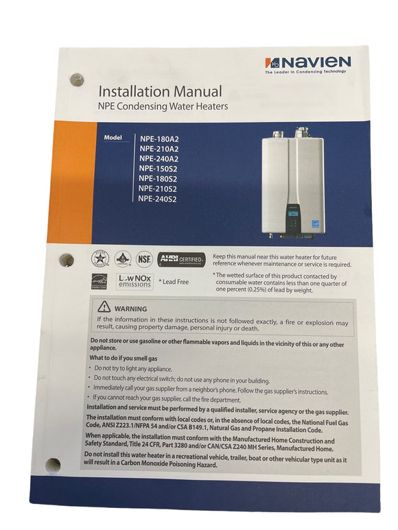 Navien NPE Condensing Water Heaters Owners Manual Information Guide NPE-180A2