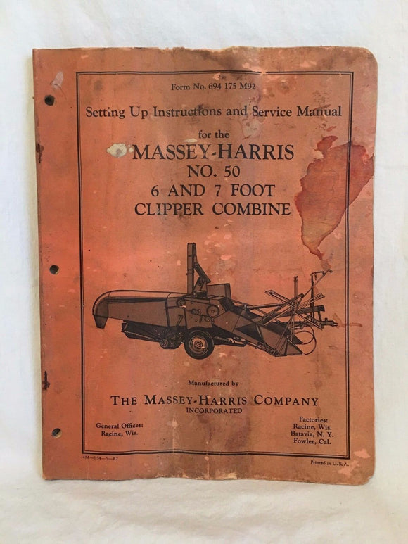 Original Massey Harris No. 50 CLIPPER COMBINE instructions service owner manual
