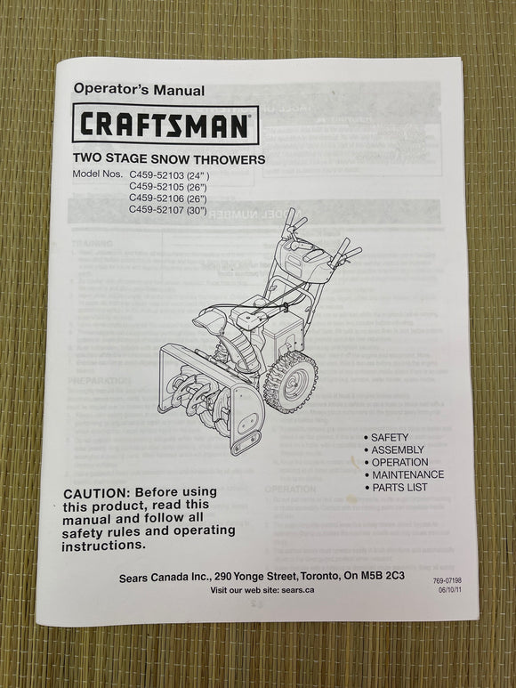 Operator's Manual Craftsman Two Stage Snow Throwers c459-52107